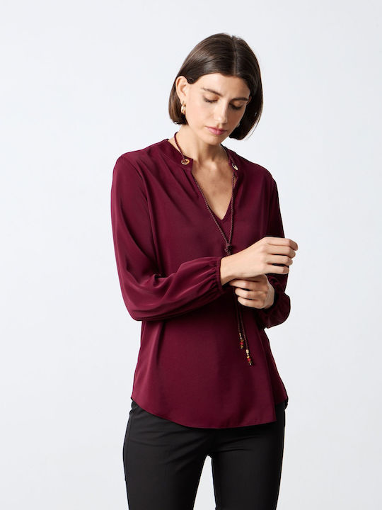 Passager Women's Blouse Long Sleeve with V Neckline Bordeaux