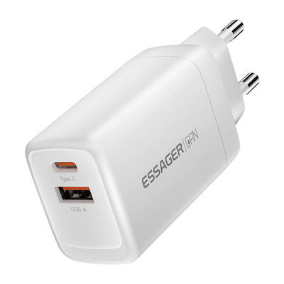 Essager Ladegerät ohne Kabel GaN mit USB-A Anschluss und USB-C Anschluss 65W Schnellaufladung 3.0 Weißs