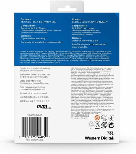 Western Digital SN5000 SSD 500GB Tip M.2 cu Conexiune PCI Express 4.0 WDS500G4B0E