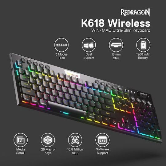Redragon HORUS PRO Ασύρματο Gaming Πληκτρολόγιο με Custom Red διακόπτες και RGB φωτισμό (Αγγλικό US)