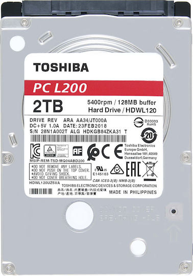 Toshiba L200 2TB HDD Σκληρός Δίσκος 2.5" SATA III 5400rpm με 128MB Cache για Laptop / Desktop HDWL120UZSVA HDWL120EZSTA