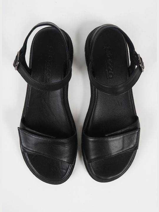 Piazza Shoes Leather Women's Flat Sandals in Black Color