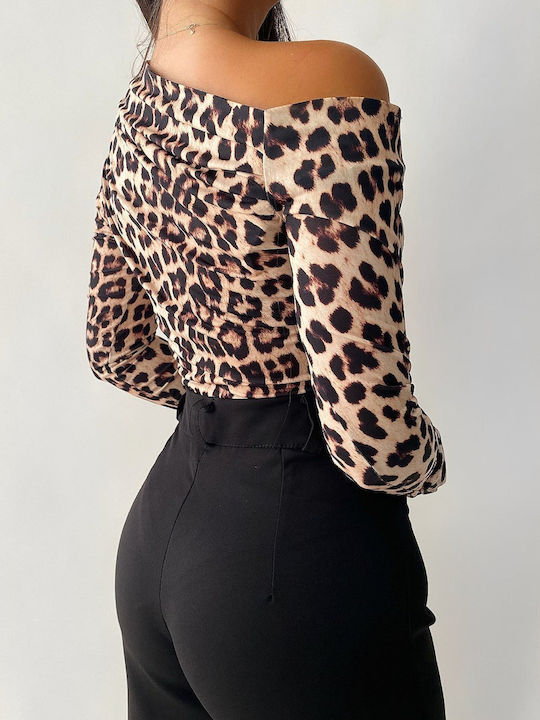 DOT Γυναικεία Μπλούζα Off-Shoulder Animal Print Μπέζ