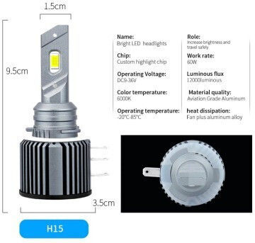 Set de 2 LED H15 60W 6000K 12.000 Lumeni 12V-24V