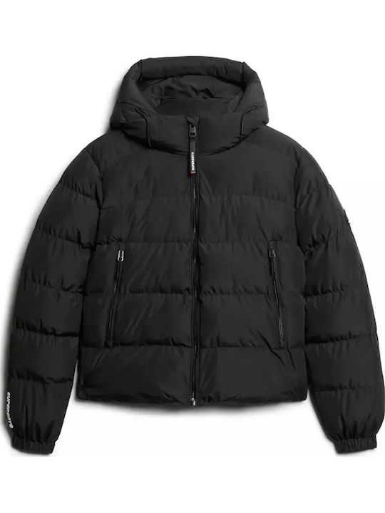 Women's Short Sports Jacket for Winter with Hood Black