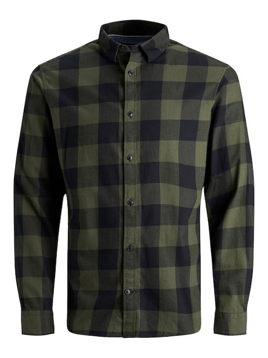 Long-sleeved Cotton Shirt Checked Dusty Olive