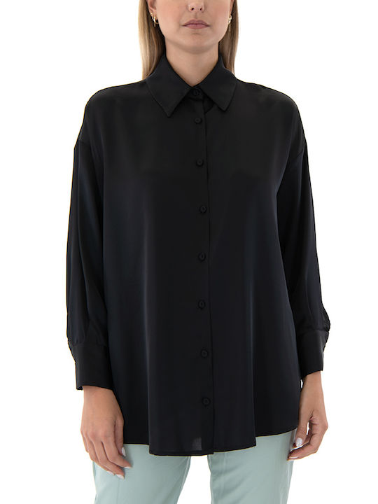 MY T Mânecă lungă Femei Satin Cămașă Black (Black)