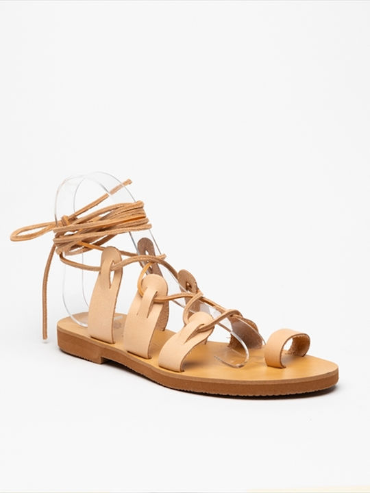 Athenais Leather Women's Flat Sandals Gladiator in Beige Color