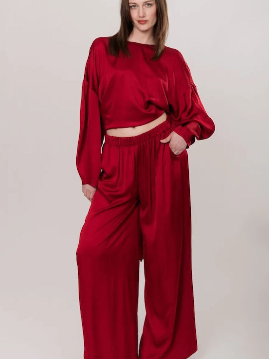 Collectiva Noir Women's High-waisted Satin Trousers with Elastic Red