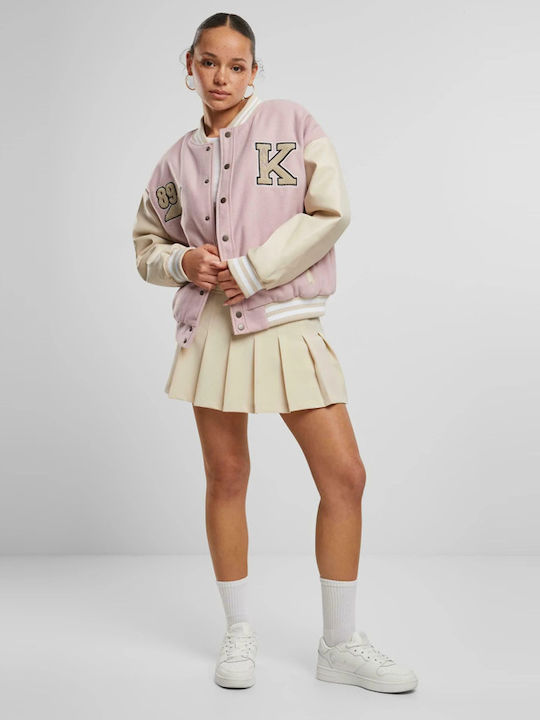 Karl Kani Retro Women's Short Bomber Jacket for Winter Pink / Beige