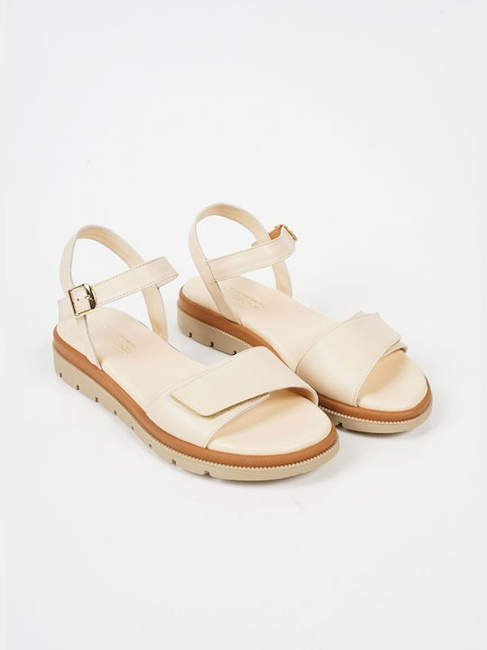 Piazza Shoes Leather Women's Flat Sandals in Beige Color