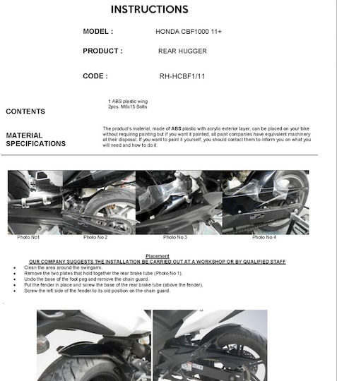 Moto Discovery Motorcycle Rear Wheel Fender for Honda CBF 1000 Black 1pcs