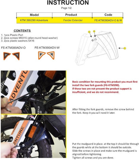 Moto Discovery Front Motorcycle Front Wheel Fender for KTM 390 Adventure Black 1pcs
