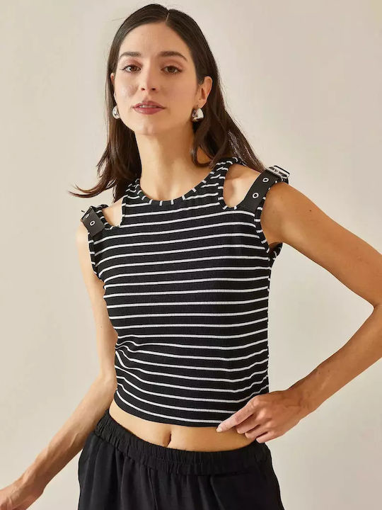 Γυναικεία Μπλούζα Off-Shoulder Αμάνικη Ριγέ Μαύρο