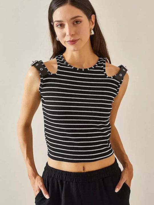 Γυναικεία Μπλούζα Off-Shoulder Αμάνικη Ριγέ Μαύρο