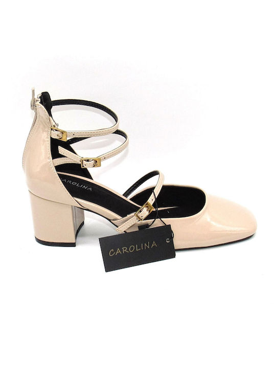 CAROLINA Synthetic Leather Nude Medium Heels with Strap