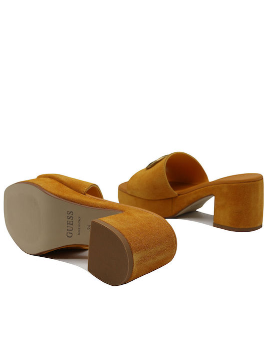 Guess Chunky Heel Leather Mules Mustard Gold