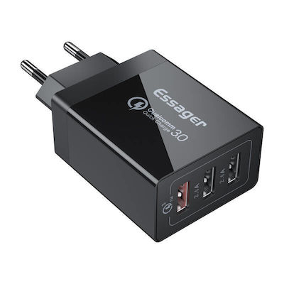 Essager Зарядно без кабел с 3 USB-A порта 30W Бързо зареждане 3.0 Черно (ECTQC3-FBB01)