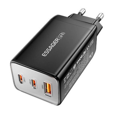 Essager Ladegerät ohne Kabel GaN mit USB-A Anschluss und 2 USB-C Anschlüsse 67W Schwarzs (ECT67W-LJB01-Z)