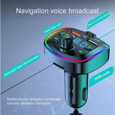 Fm Modulator Bluetooth 5.0 Fm Transmitter Car Charger Function Fast Charging Usb Type C Port Auxiliary Port Rgb