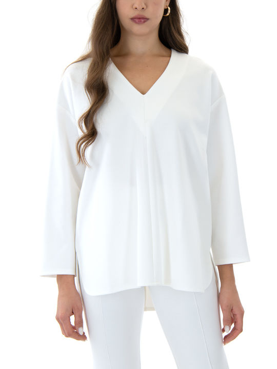 MY T Women's Blouse Long Sleeve with V Neckline Ecru (Off-white)