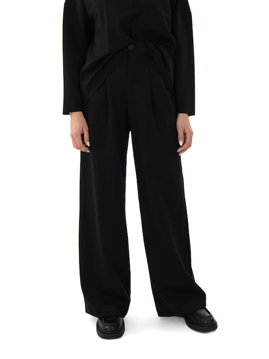 MY T Pants Women My T Wearables Damen Hochtailliert Stoff Palazzo-Hose mit Gummizug in Weiter Linie Black