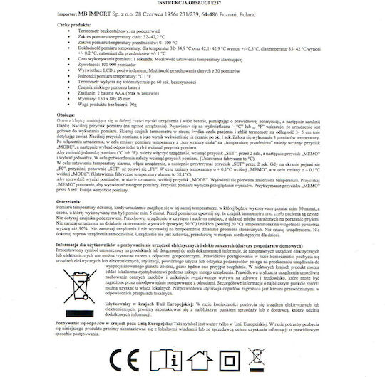 Termometru Medical cu Infraroșu fără Contact Retoo