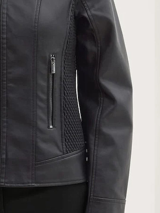 Women's Short Biker Artificial Leather Jacket for Winter Black