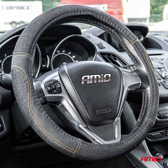 AMiO Car Steering Wheel Cover with Diameter 37-39cm Black with Black Stitching