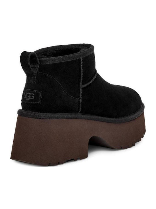 Classic Ultra Mini Leather Women's Ankle Boots with Medium Heel & Fur Black