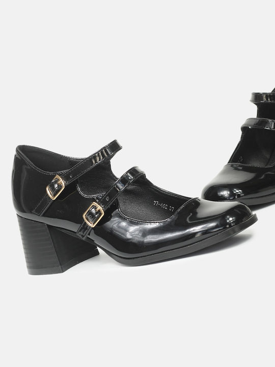 InShoes Patent Leather Black Heels with Strap