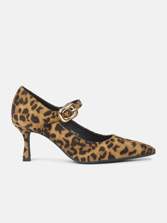 InShoes Synthetic Leather Pointed Toe Gold Heels with Strap Animal Print