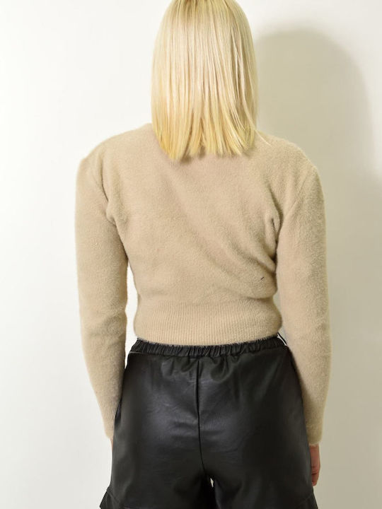 Kurze Gestrickte Damen Strickjacke mit Knöpfen Beige
