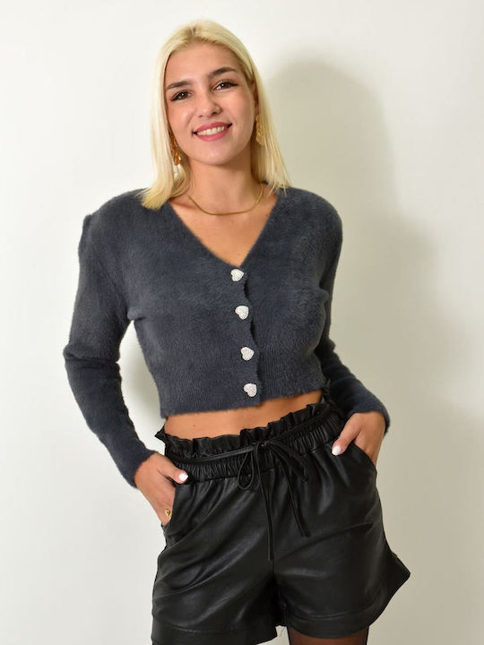 Kurze Gestrickte Damen Strickjacke mit Knöpfen Anthrazit