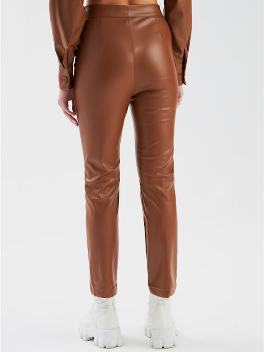 Sateen Women's High-waisted Leather Trousers COFFEE DROPS