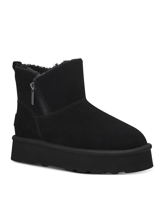 Leather Women's Ankle Boots with Fur Black