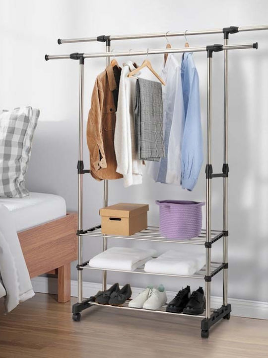 Uncle George Wheeled Floor Garment Rack made of Metal Telescopic Silver 65x30x136cm
