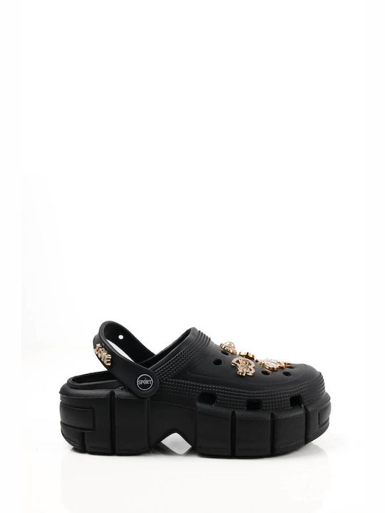 Black Low Flatforms with Bold Decorative Elements