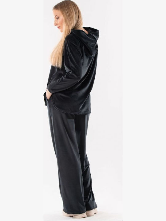 Damen Bluse Samt mit Kapuze Black