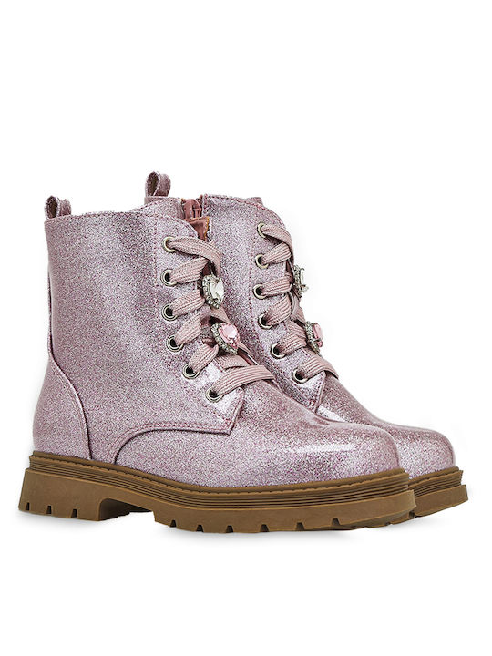 Exe Kids PU Leather Military Boots with Zipper Pink