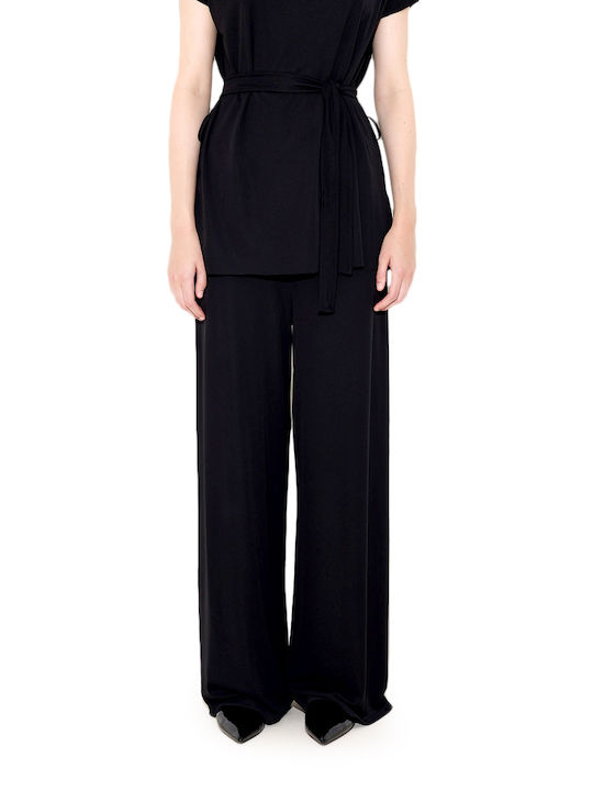 Dolce Domenica Women's High-waisted Fabric Trousers with Elastic in Wide Line Black (Black)