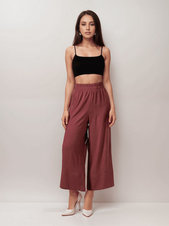 Noobass Damen Hoch tailliert Stoff Hose mit Gummizug Wine Ginger