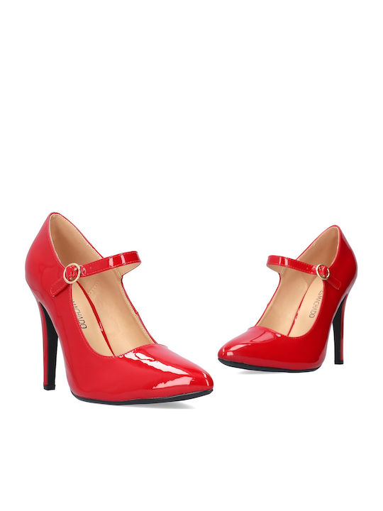 Leather Red High Heels with Strap