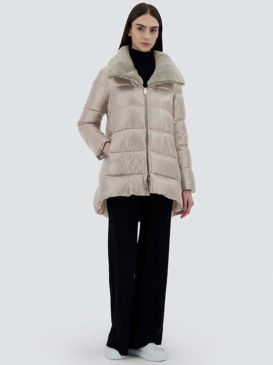 Woven Κοντό Γυναικείο Puffer Μπουφάν για Χειμώνα Μπεζ