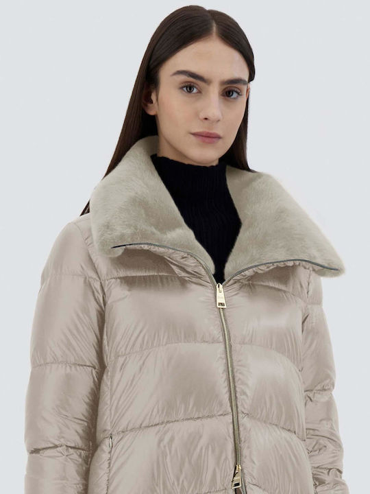Woven Κοντό Γυναικείο Puffer Μπουφάν για Χειμώνα Μπεζ