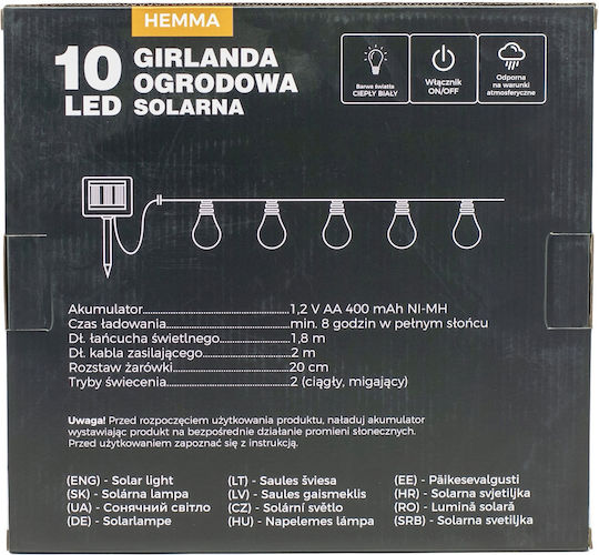 Hemma Led String Lights 10 Bulbs 380cm Solar Powered Warm White Light R