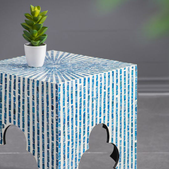 Square Side Table Ivory Wooden Blue M45xL45xH50.5cm