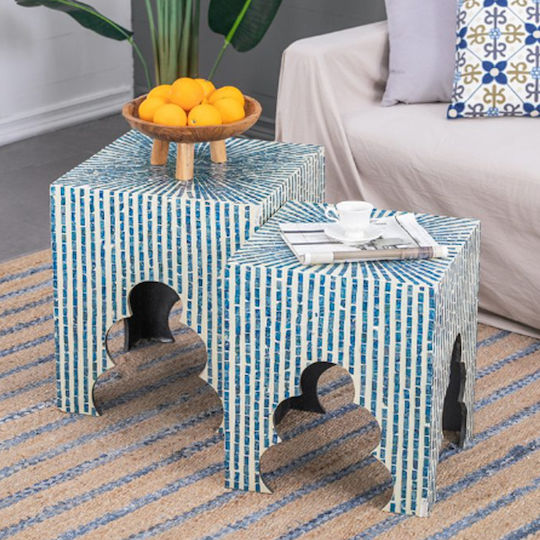 Square Side Table Ivory Wooden Blue M45xL45xH50.5cm