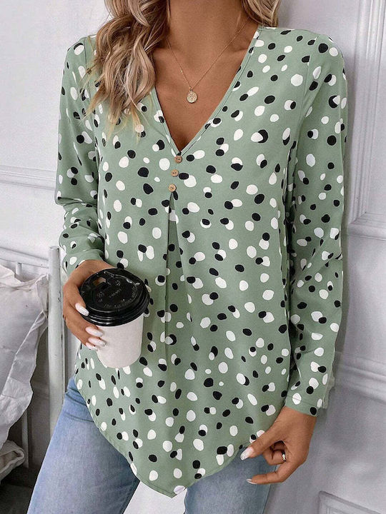 Amely Women's Blouse with V Neckline Polka Dot Green