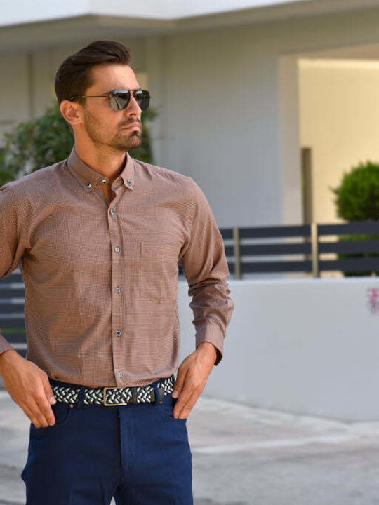 Long Sleeve Shirt in Regular Fit Checked Blue and Tan